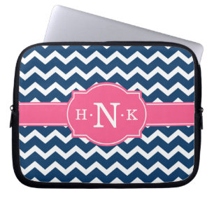 Protection Pour Ordinateur Portable Monogramme rose Chevron Bleu Fille