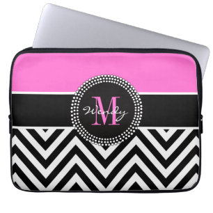 Protection Pour Ordinateur Portable Monogramme rose et noir de Chevron élégant