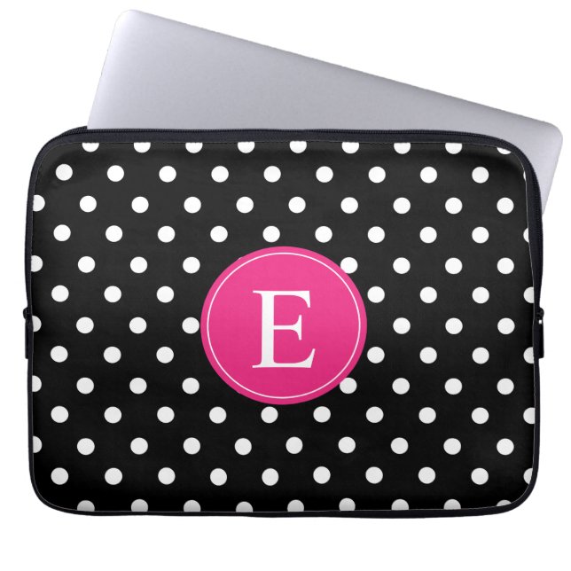 Protection Pour Ordinateur Portable Monogramme rose point noir (Devant)