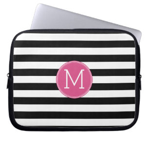 Protection Pour Ordinateur Portable Motif à rayures noir et blanc Monogramme rose chau