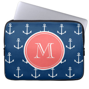 Protection Pour Ordinateur Portable Motif blanc d'Ancres de bleu marine, monogramme de