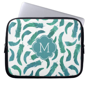 Protection Pour Ordinateur Portable Motif de plumes d'aquarelle Turquoise monogramme