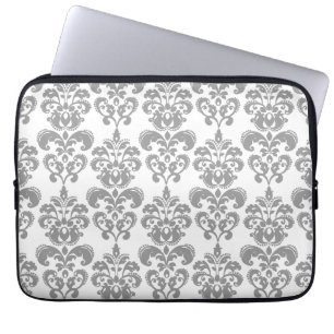 PROTECTION POUR ORDINATEUR PORTABLE MOTIF GRIS-CLAIR ET BLANC 2 DE DAMASSÉ
