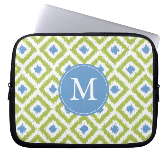Protection Pour Ordinateur Portable Motif Ikat bleu-vert monogramme (Devant)
