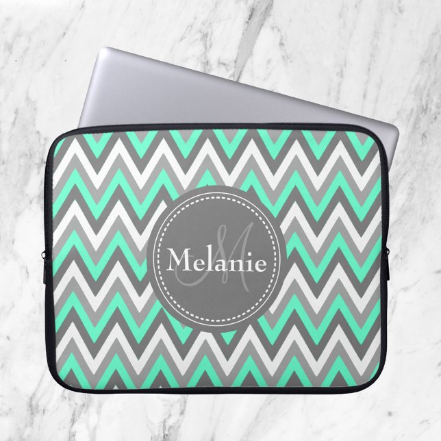 Protection Pour Ordinateur Portable Motif Monogramme Blue & Grey Chevron (Créateur téléchargé)