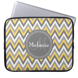 Protection Pour Ordinateur Portable Motif Monogramme Jaune et Gris Chevron