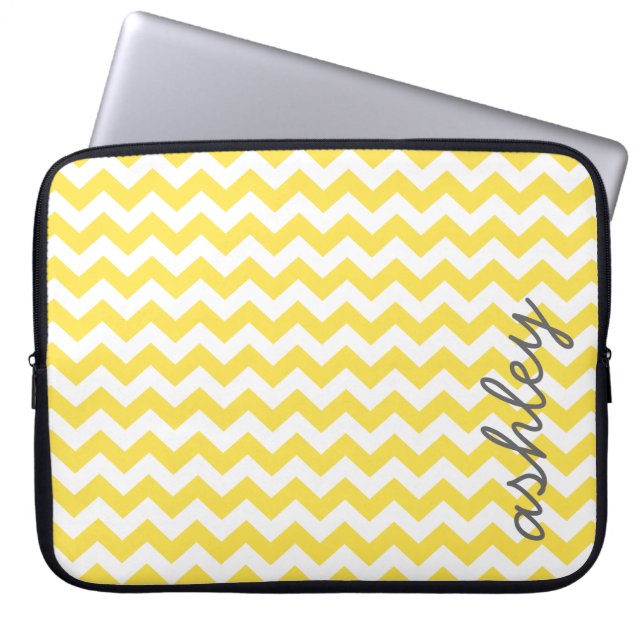Protection Pour Ordinateur Portable Motif tendance Chevron avec nom - gris jaune (Devant)