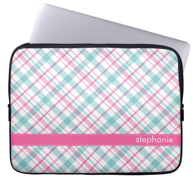Protection Pour Ordinateur Portable Motif turquoise et rose de plaid (Devant)