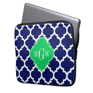 Protection Pour Ordinateur Portable Navy Blanc Marocain #5 Émeraude 3 Monogramme Initi
