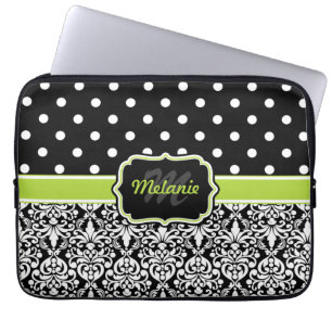 Protection Pour Ordinateur Portable Noir vert monogramme Damask Polka Dot