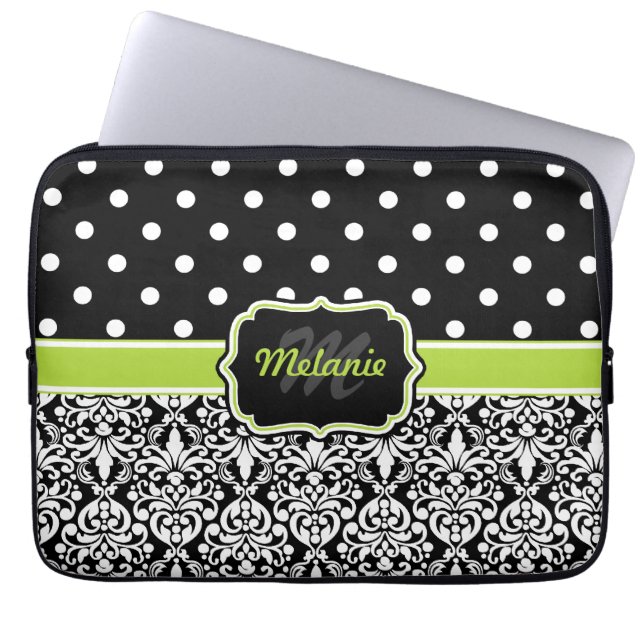 Protection Pour Ordinateur Portable Noir vert monogramme Damask Polka Dot (Devant)