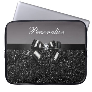 Protection Pour Ordinateur Portable Paillettes imprimées, arc et diamant noirs et