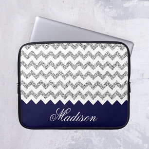 Protection Pour Ordinateur Portable Parties scintillant d'argent bleu marine Chevron M