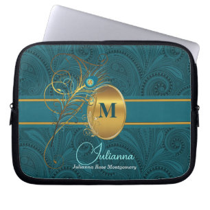 Protection Pour Ordinateur Portable Peacock Monogrammed Elegant Turquoise Paisley et O