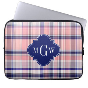 Protection Pour Ordinateur Portable Pink Navy White Preppy Madras Quatrefoil