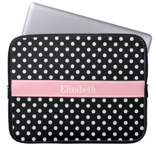 Protection Pour Ordinateur Portable Points noirs et blancs Monogramme Nom Rose