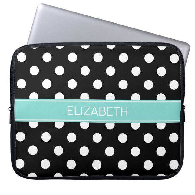 Protection Pour Ordinateur Portable Pois noirs blancs #2 Nom Turquoise Monogramme (Devant)