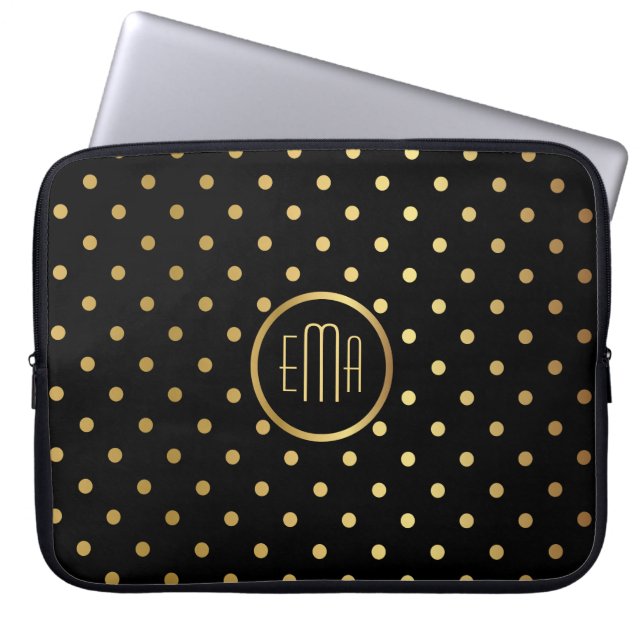 Protection Pour Ordinateur Portable Pois or chic sur noir avec Monogramme (Devant)