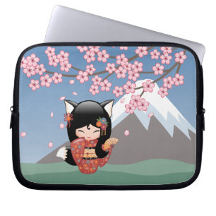 Protection Pour Ordinateur Portable Poupée Kitsune Kokeshi - Black Fox Geisha Girl