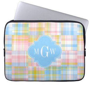 Protection Pour Ordinateur Portable Preppy Patchwork Madras Pastel Quatrefoil Initials