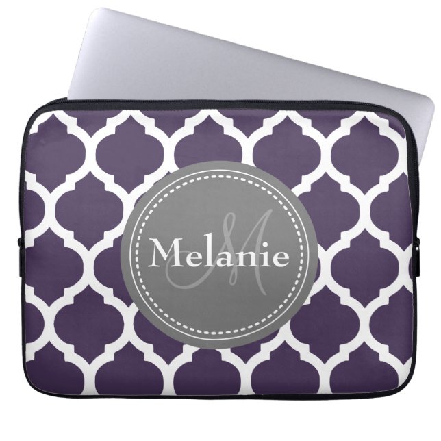 Protection Pour Ordinateur Portable Quatrefoil violet et gris monogramme (Devant)