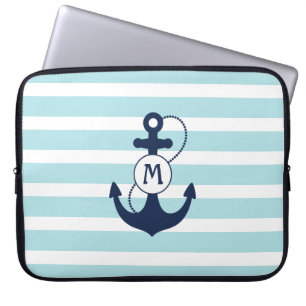 Protection Pour Ordinateur Portable Rayures bleu-clair avec l'Ancre et le monogramme