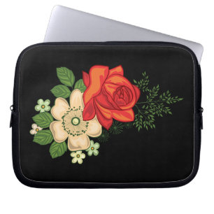 Protection Pour Ordinateur Portable Rose rouge et marguerites sur fond noir
