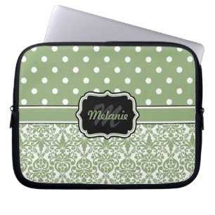 Protection Pour Ordinateur Portable Sage Vert Monogramme Damask Polka Dot