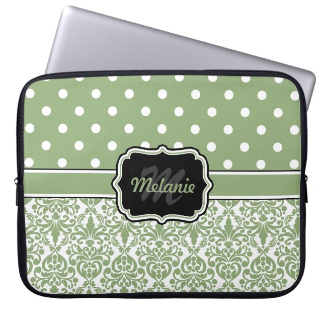 Protection Pour Ordinateur Portable Sage Vert Monogramme Damask Polka Dot (Devant)