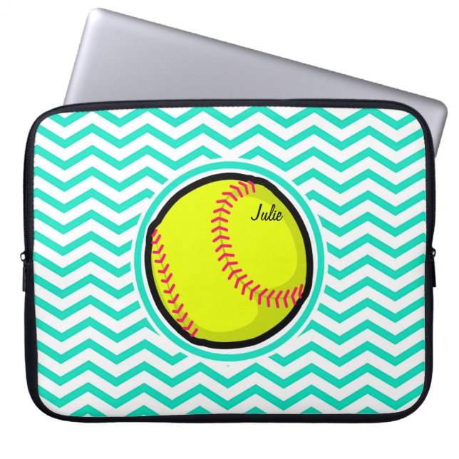 Protection Pour Ordinateur Portable Softball ; Aqua Green Chevron (Devant)