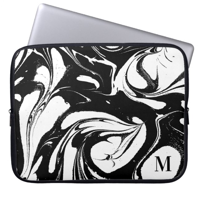 Protection Pour Ordinateur Portable Texture en noir et Marbre blanc monogramme (Devant)