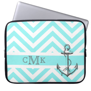 Protection Pour Ordinateur Portable Triple Ancre monogramme et zigzags bleus