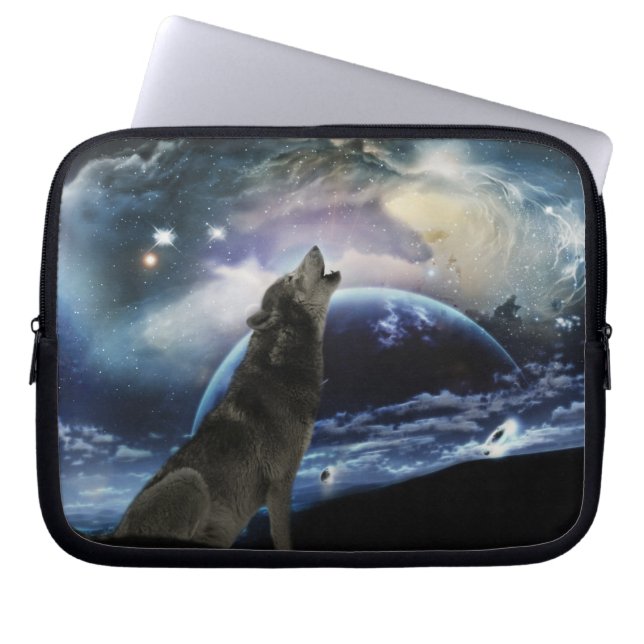 Protection Pour Ordinateur Portable Wolf hurle sur la lune (Devant)
