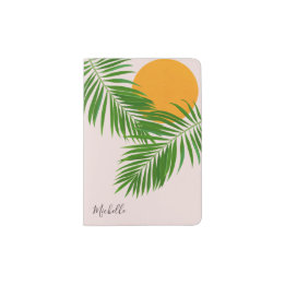 Protège-passeport Palme de coucher de soleil tropicale rétro Feuille
