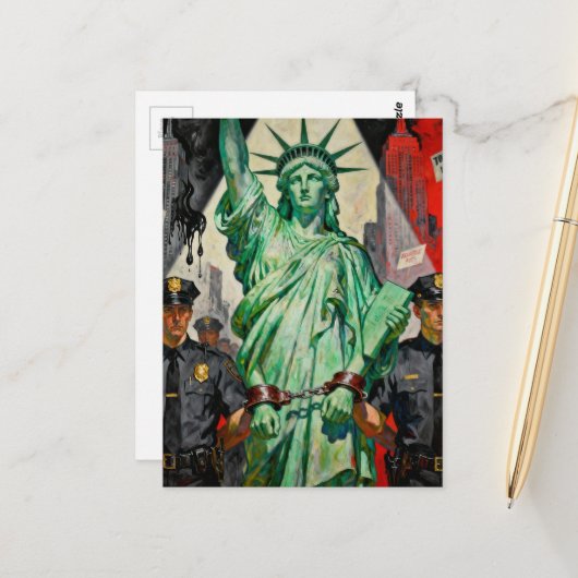 protesting lady liberty arrested by police surreal briefkaart (Voorkant / Achterkant in situ)