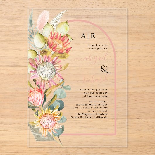 Protheembloemen pampagras en eucalyprus bruiloft acryl uitnodigingen (Voorkant)