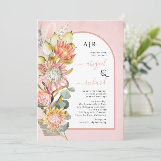 Protheembloemen QR-code RSVP roze bruiloft Invi Kaart (Staand voorkant)