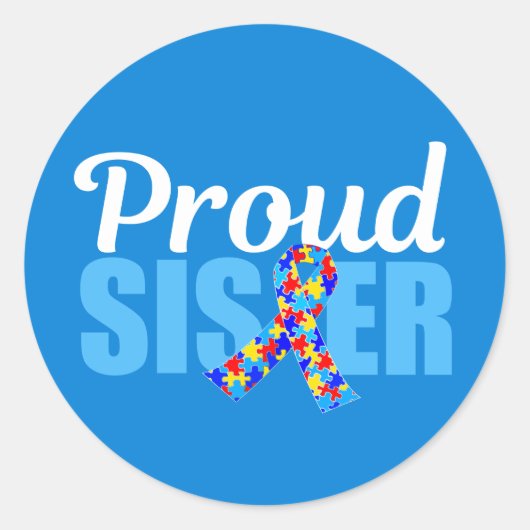 Proud Autism Sister Blue Awareness Ribbon Cute Ronde Sticker (Voorkant)