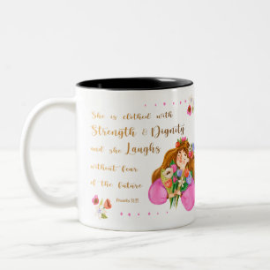 Proverbs 31:25 Ze is voorzien van een krachtige la Tweekleurige Koffiemok