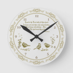 Proverbs 3:5-6 wandklok met vogels, bloemen grijs ronde klok