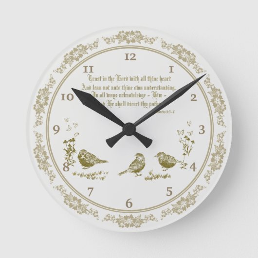 Proverbs 3:5-6 wandklok met vogels, bloemen grijs ronde klok (Voorkant)