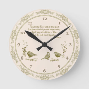 Proverbs 3:5-6 wandklok met vogels, bloemen ronde klok