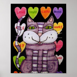 Pruilende Paarse Valentijn Kat Candy Harten Zwart Poster