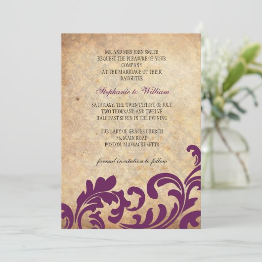 Pruim Bloemen Swirl Bruiloft Uitnodiging (Staand voorkant)