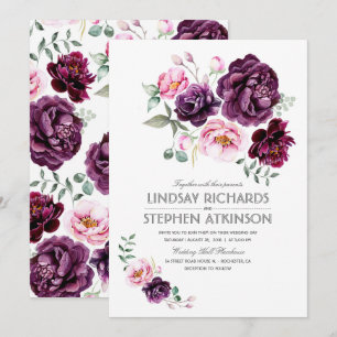 Pruim Bourgondië en Blush Bloemen Waterverf Bruilo Kaart