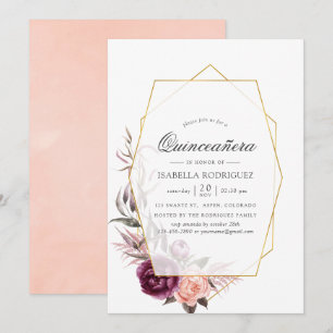 Pruim en Blush Bloemige Geometrische Quinceañera Kaart