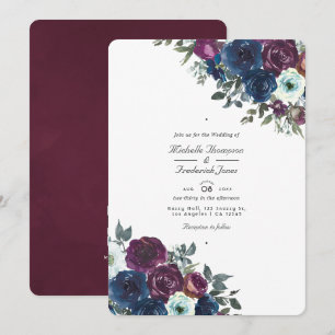 Pruim en marineblauwe bloemencode met QR-code RSVP Kaart