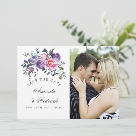 Pruim en roze bloemenbruiloft Bewaar de datum Save The Date (Staand voorkant)