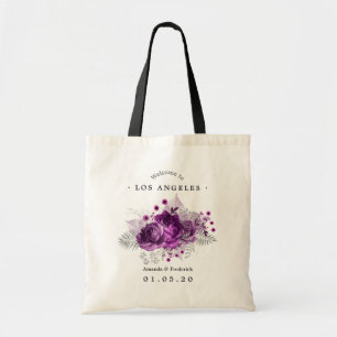 Pruim en zilveren waterverf bloem bruiloft welkom tote bag