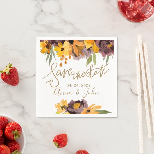 Pruim Geel Bloemig Goud Calligrafie Save The Date Servet (Insitu)